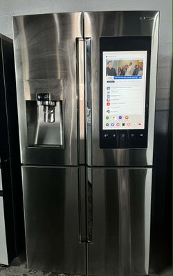 The Samsung RF22M9581SR/AA is a 22 cu. ft. counter-depth 4-door flex refrigerator family hub.