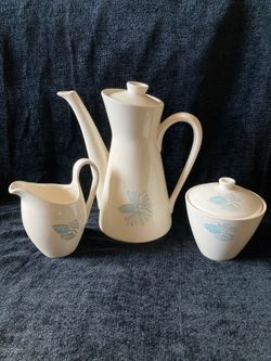 VTG Blue Spruce Pinecone Pattern Coffee Teapot w/Lid, Sugar and Creamer Set (Lot of 3)
