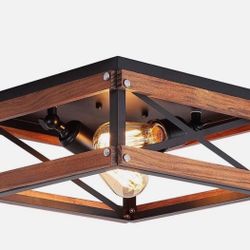 2 Lights Rustic Farmhouse Flush Mount Light Fixture Metal and Wood Black