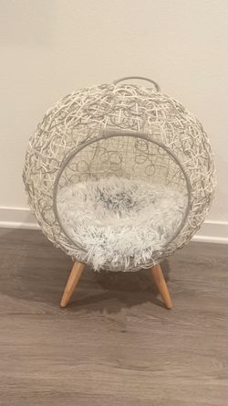 Boho Woven Rattan Pet Cave Bed w/ Plush Cushion – Mid-Century Style