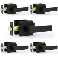 5 Pack Passage Door Handles Matte Black Door Knobs, Interior Door Knobs Square Heavy Duty Non-Locking Handlesets Hall Closet Handles, Reversible for R