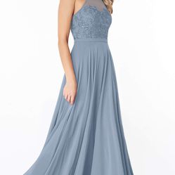 Azazie Kinsey Flowy Lace Chiffon Long Dress dusty blue Formal Wedding Sleeveless