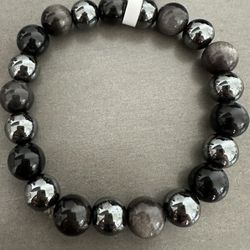 New, Men’s Silver Sheen Obsidian And Hematite Stone Bracelet. Jewelry Bag Included.