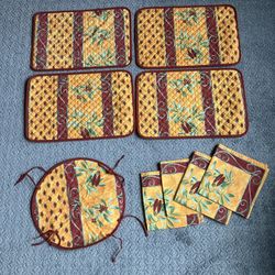 Poupees Yolande Tissus Toselli France Set of 9 Quilted Placemats, Napkins and Basket