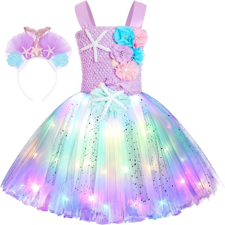 Girls Mermaid Costume Mermaid Tutu Dress Color Led Light Up for Halloween Birthday Party 3-8Years