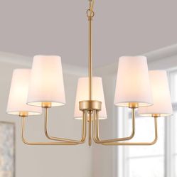 Farmhouse Chandelier, 5-Lights Visual Comfort Gold Light, Muted Gold with White Fabric Shade, Linear Island Lighting Fixture for Kitchen, Dining Room