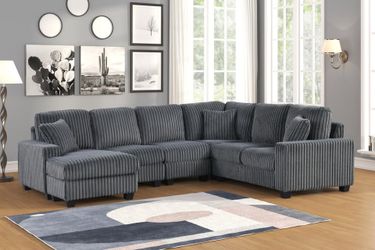 Brand New Modern 5 Pc Grey Modular Sectional Sofa with Plush Corduroy Upholstery