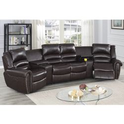 Power Theatre Recliner Sectional Bonded Leather Brown Nailhead Trim Accents Cup Holders Storage Brand New In Box Firm Price $1,360