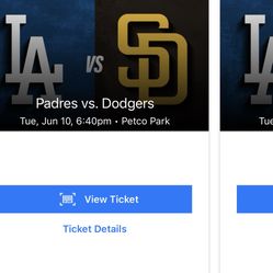 Two Separate Single Tickets To San Diego padres La Los Angeles Dodgers $80 Firm Each June 10 6:40pm Tuesday