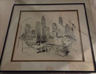 1982 George Becker Chicago Print Landmarks Chicago Architecture Lithograph Black