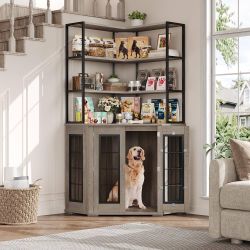Corner Dog Crate Furniture with Storage, 2 Safety Locks Large Dog Kennel Indoor Furniture with Double Doors, 4-Tier Shelves, Large Dog Cage Furniture 