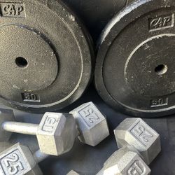 CAP 50 LBS PAIR PLATES AND 15 AND 25 DUMBBELL PAIRS