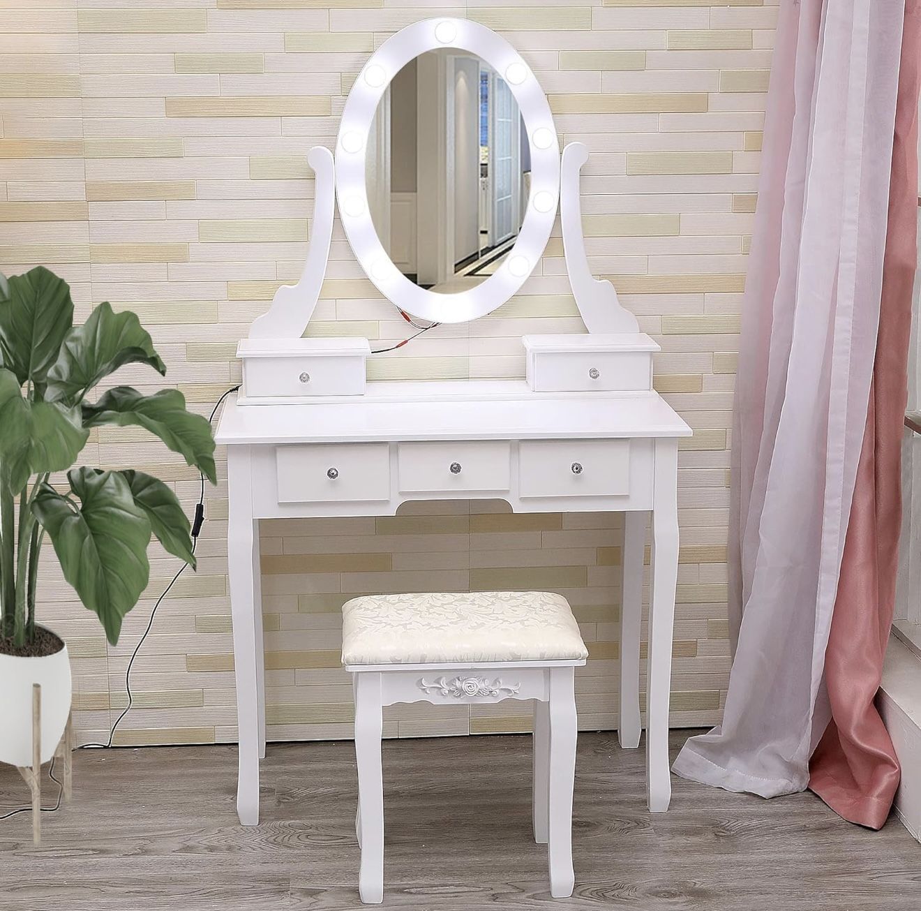Garvee Girls Makeup Vanity, Modern Vanity Set with Lighted Mirror and Cushioned Stool, Make Up Table with 5 Drawers for Bedroom BRAND NEW