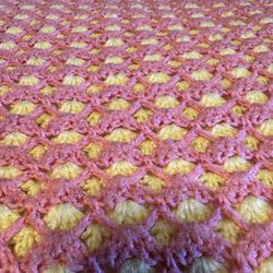Handmade Crochet Blanket Throw “Marshmallow Stitch Pattern” Yellow Pink Handmade
