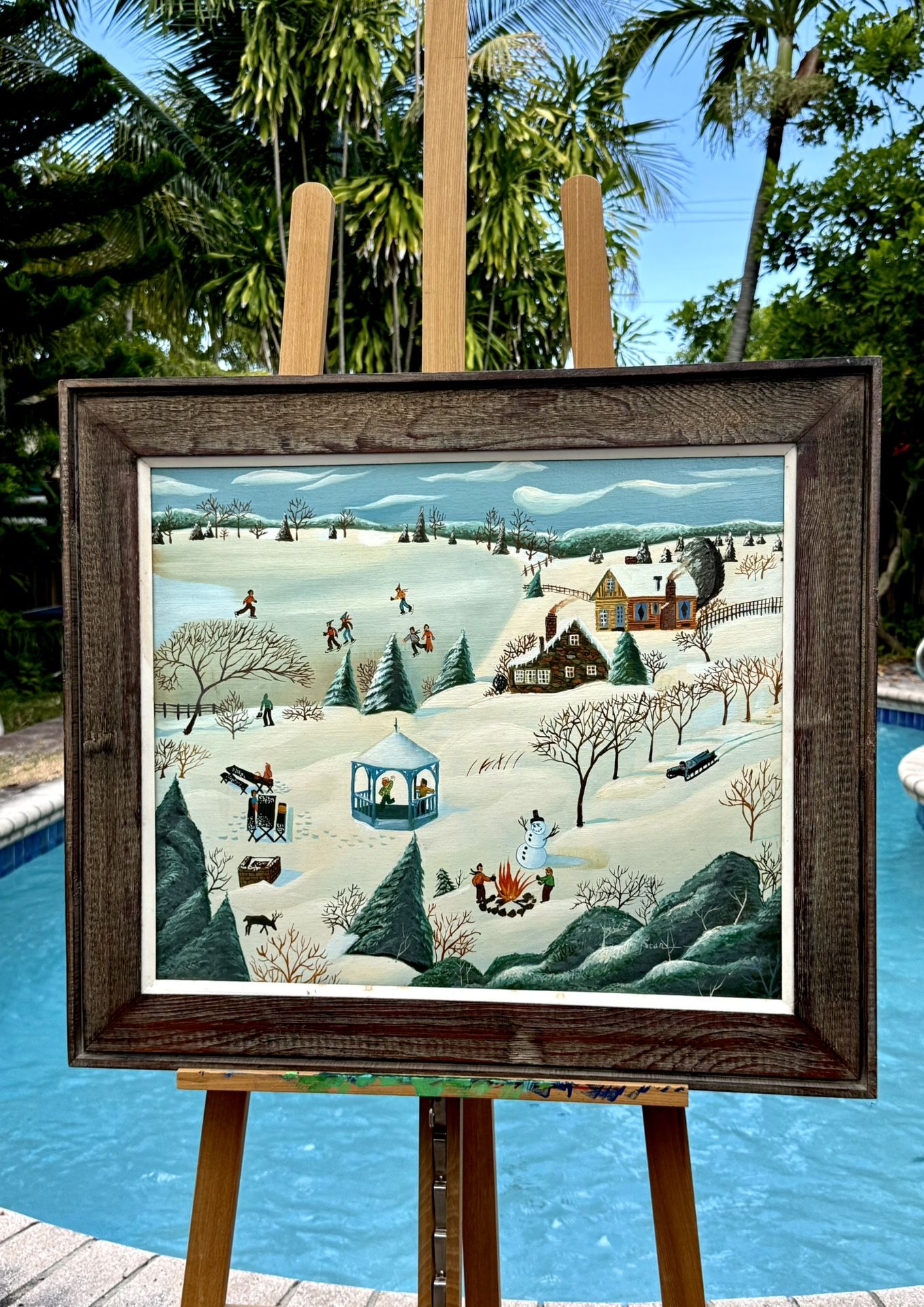 🛑 Winter Village Folk Art Painting, Signed Stan, 30 x 26