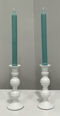 Pair of Freshly Painted White Metal Candle Sticks with New Light Aqua Tapered Candles