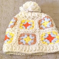 Fleece Lined Cream Crochet  Pom Beanie Ski Hat Granny Square Orange Brown Yellow Multi Color