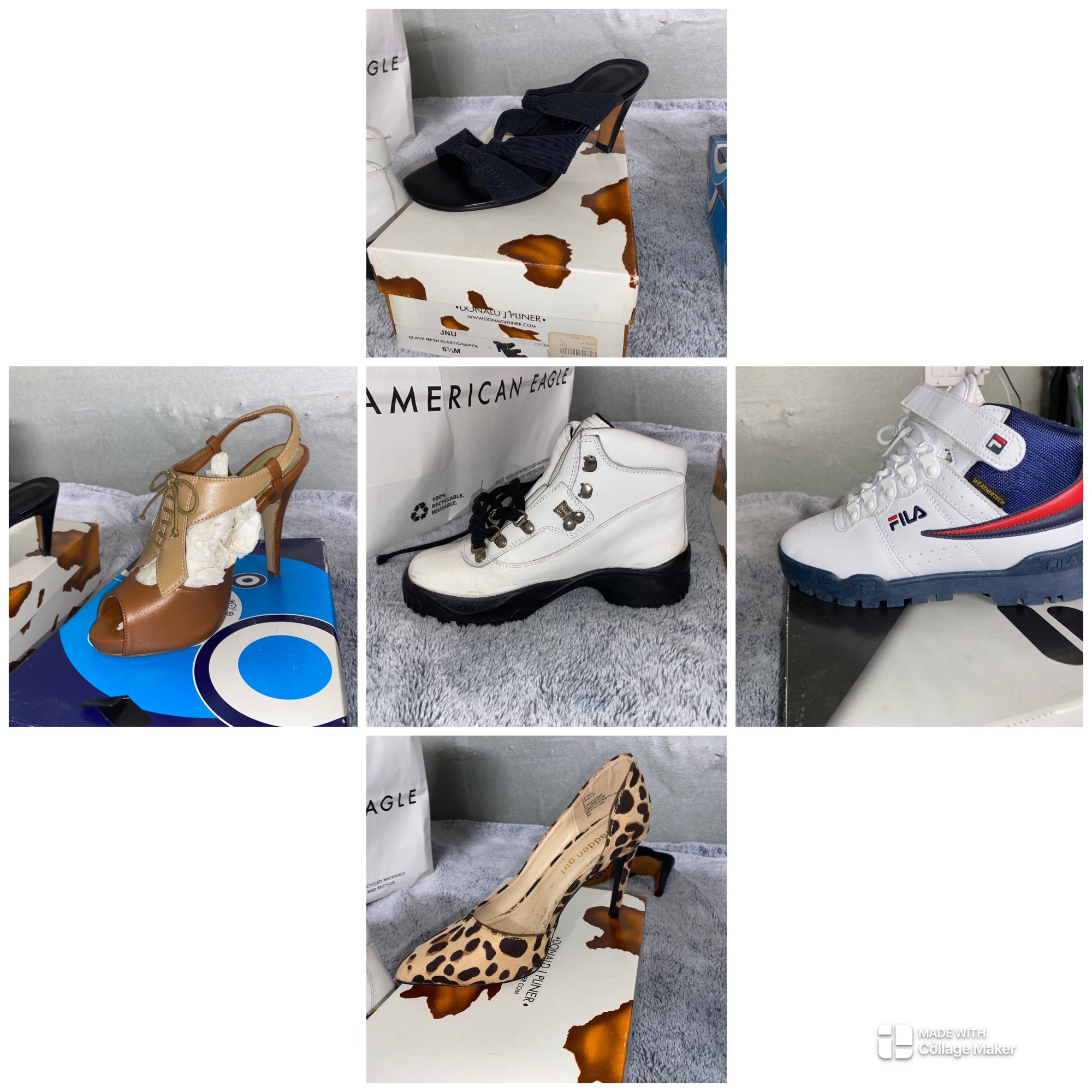 3 Pairs of Heels, 1 Pair boots, 1 Pair sneakers