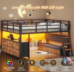 Full Size Low Loft Bed with Desk and 9 Storage Drawers,Loft Bed Full Size with 15.8" H Safety Guardrail, Kids Loft Bed with LED Lights & Charging Stat