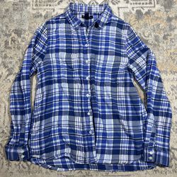 GAP Boyfriend Fit Blue Plaid Flannel Button Shirt Women’s Size S Long Sleeve  