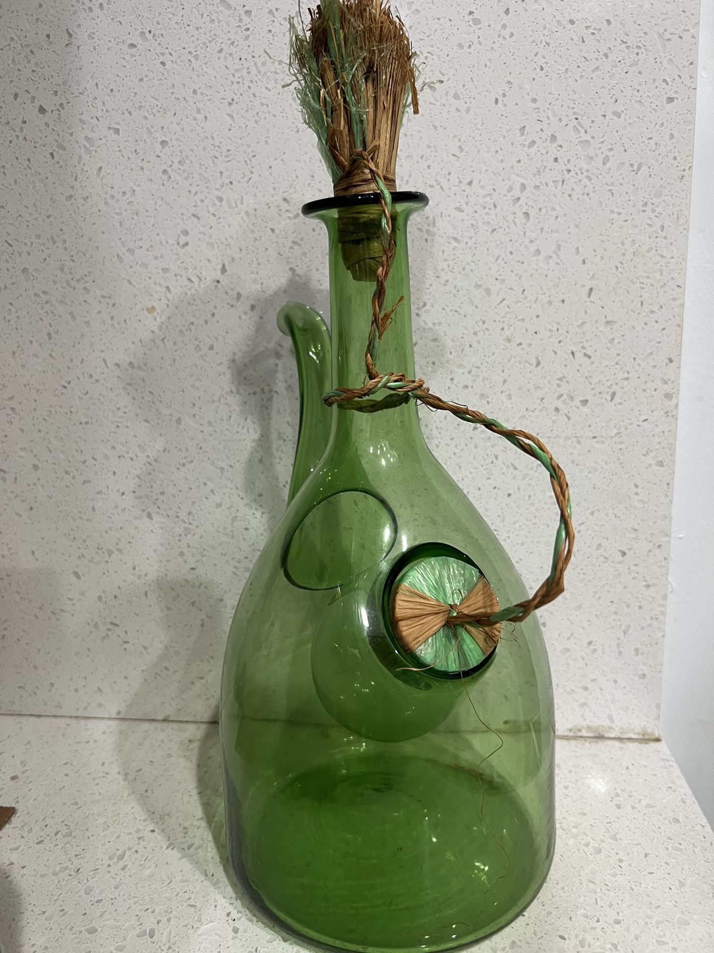 Vintage Italian Hand Blown Green Glass Wine Decanter With Ice Chamber- Stoppers