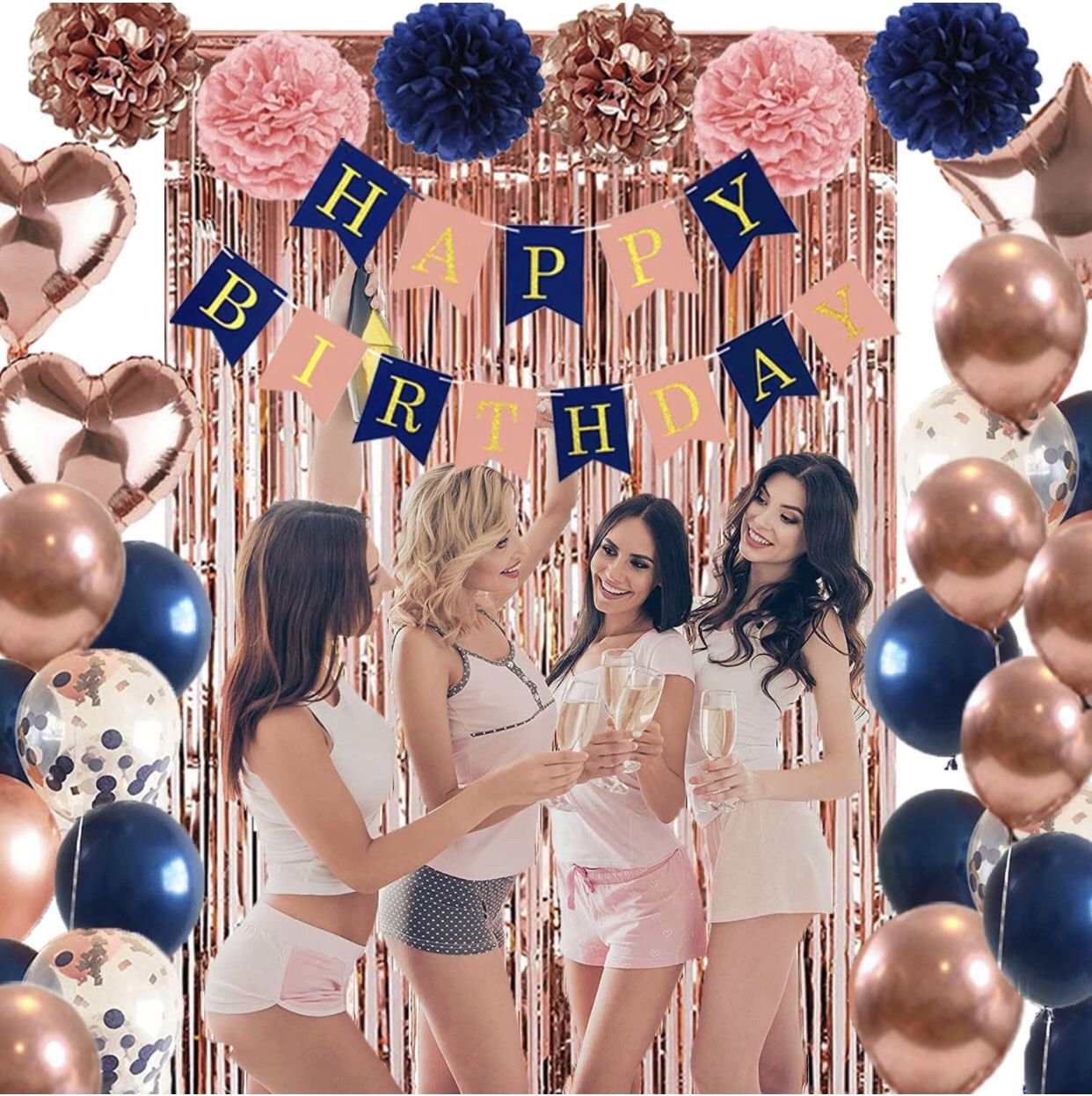 Navy Blue Rose Gold Happy Birthday Party Decorations Kit for Women Girls Men, Banner, Flower Pompoms, Fringe Curtain, Cake Topper, Foil Balloons