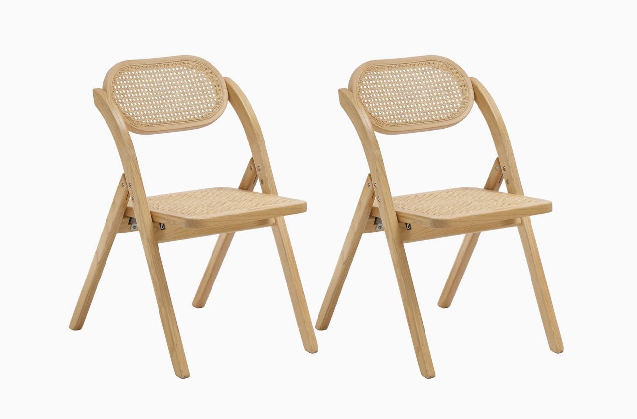 Set of 2 Wood Folding Chairs with Natural Rattan Backrest & Seat