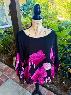 Women's Alfani Blouse Black with Pink Rose with Pleated Sleeves Size Medium
