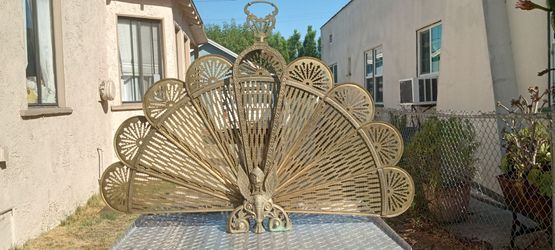 Vintage brass peacock fan fireplace screen