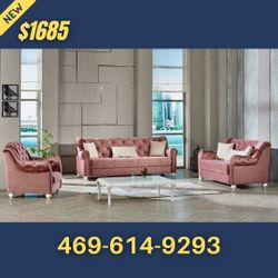 Pink Velvet Sofa Loveseat Chair All 3pcs With Pillows 