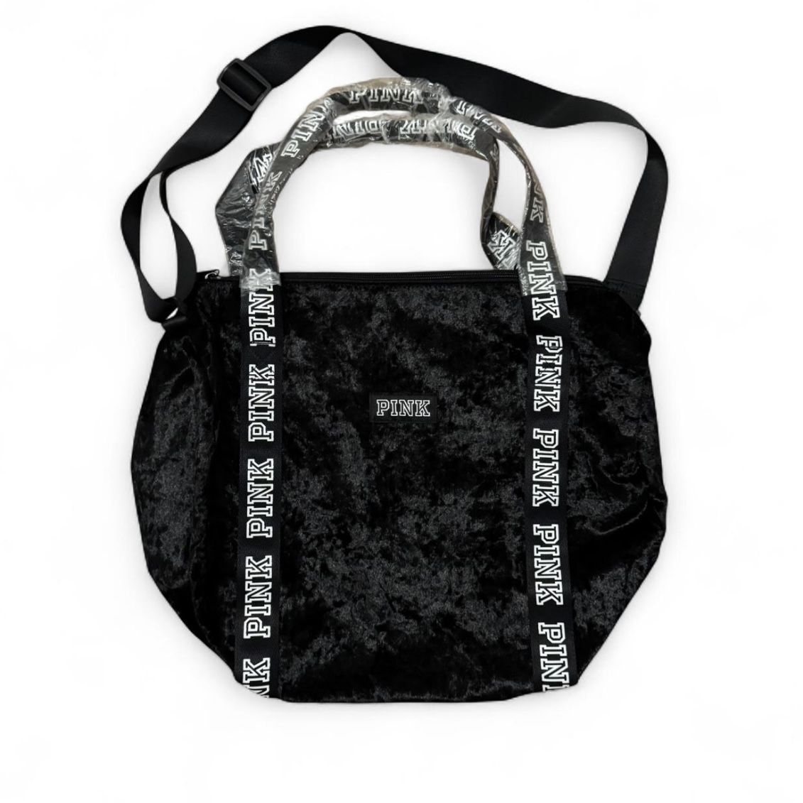 Victoria’s Secret Pink black logo crushed Velvet Duffle Bag