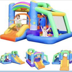 BESTPARTY 7 in 1 Inflatable Rainbow Clouds Bounce House Jumping Bouncer, Toddler & Large Slide for Kids Play Jumper with Blower