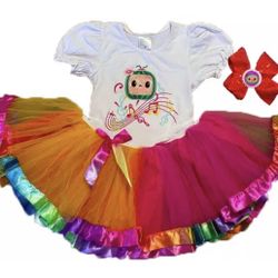 cocomelon party outfit 5th birthday tutu dress rainbow with cocomelon headband 1T-2T-3T-4T-5T-6T-7T