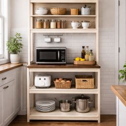 39.37" White and Rustic Brown color 5-Tier Bakers Rack for Kitchen with Storage, Coffee Bar, Kitchen Shelves, Microwave Stand