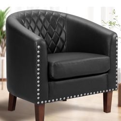 Barrel Chair, Comfy Accent Chair, Faux Leather Living Room Chairs Club Chair with Cushion, Nailhead Trim and Diamond Mesh Backrest, Reading Chair for 