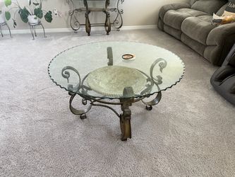 Round Glass Top Coffee Table with Wrought Iron Base