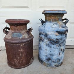 2 Vintage Metal Farm Milk Jug Container Cow Ranch Cabin Yard Art