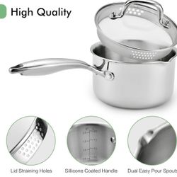 Stainless Steel Sauce Pan with Steamer Basket & Strainer Glass Lid–Multi-Function Pot