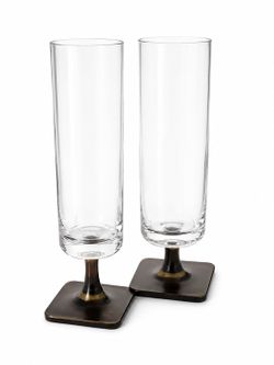 Vintage Mid-Century Modern Smoked Pedestal Champagne Flutes & Goblets – 24 Piece Matching Set – Square Base Designer Stemware