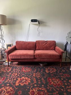 Small burnt orange mid century velvet couch