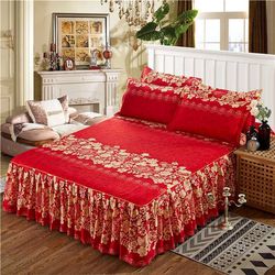 3pcs Flower Printed Pleated Macrame Bed Skirt Set - Non-Slip, Machine Washable, Universal for All Seasons - Includes 2 Pillowcases (Bed Skirt + Pillow