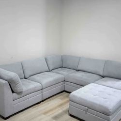 Modular sectional 6-piece boucle couch with storage Ottoman 