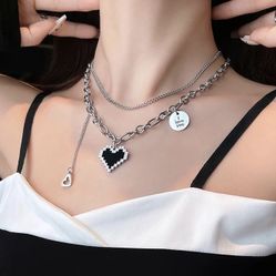Black Heart Multi Layered Silver Necklace 