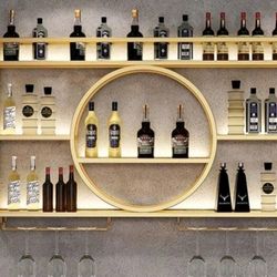Kitchen FaucetMetal Wine Rack Bar Shelves Wall Mounted Kitchen Storage With Wine Glass Holder Liquor Shelf Mini Bar Liquor Bottle Display Shelf For Ki