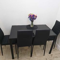5-Piece Dining Set, Modern Kitchen Table Furniture, Glass Tabletop, 4 Upholstered PU Chairs, Metal Steel Frame - Black
