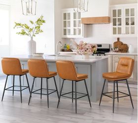 Double-Layer Bar Stools Set of 4, Upholstered  Faux Leather Barstools with Back and Footrest, 24 Inch Armless Barstool Chairs, Whiskey Brown