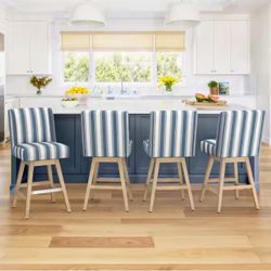 26 in. Swivel Counter Height Bar Stools with Wing-Back Upholstered Swivel Counter Stools with Footrests Set of 4 - Blue/White