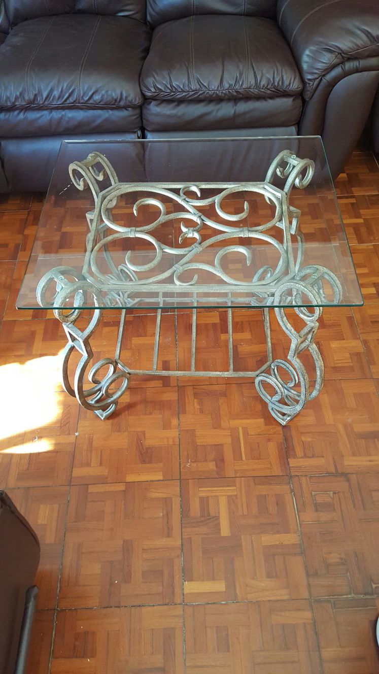 Glass square iron end table good condition