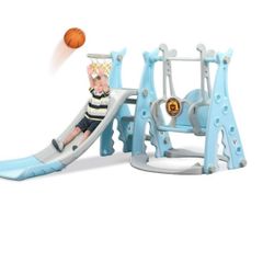 Ealing 4 in 1 Toddler Swing and Slide Sets for Age 1-3 Swing Playset with Climber,Basketball Hoop ,Blue V059
