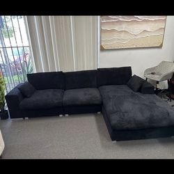 New 113" Black Corduroy Fabric Sectional Sofa L-Shape Sofa